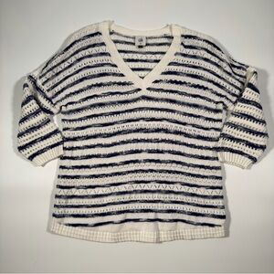 CAbi Women's Open Knit V-Neck Sweater Navy and‎ White Stripes Size XS Oversized